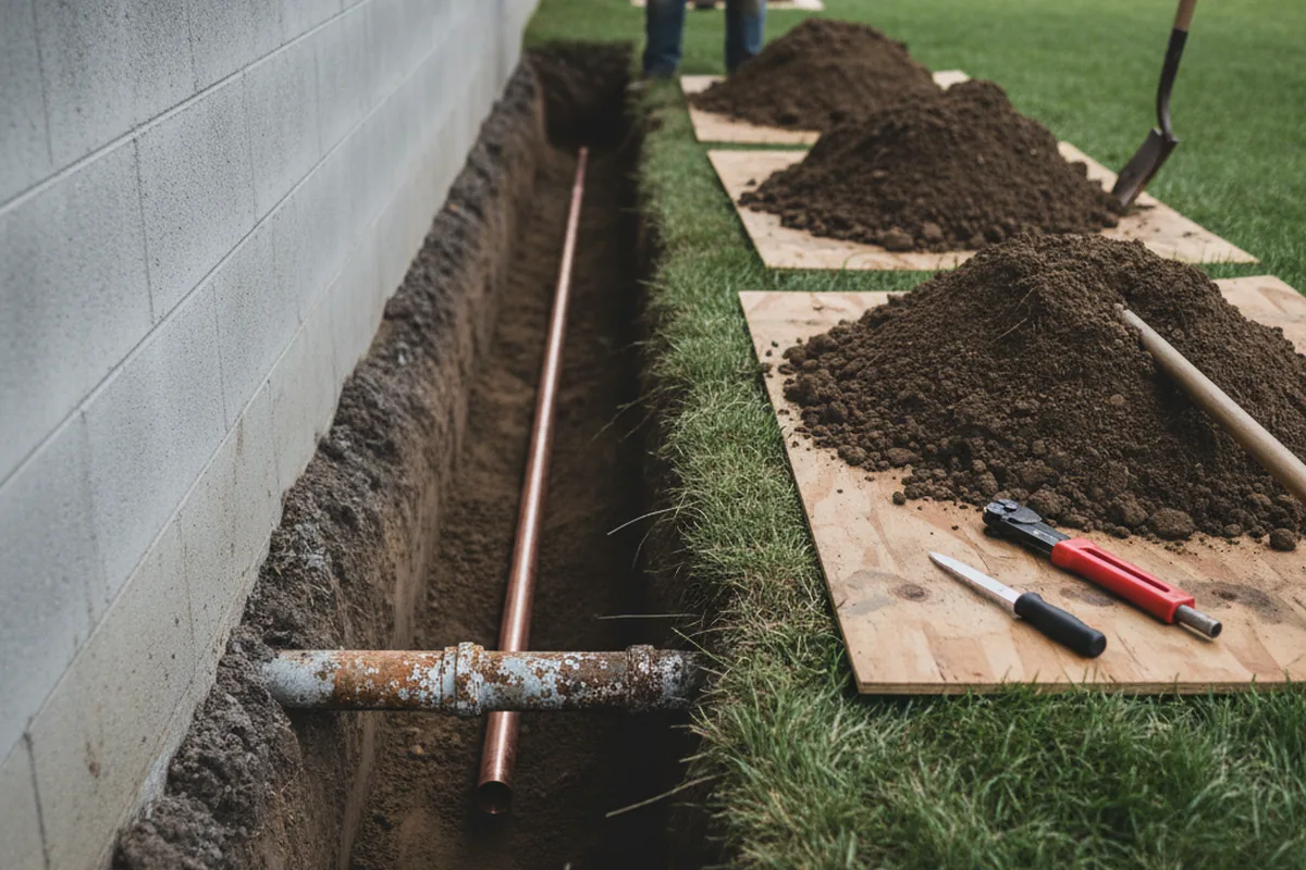 Excavated water line trench during Sewer Line Repair in Wickhaven